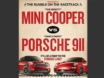 Фрагмент постера с анонсом гонки MINI против Porsche. Иллюстрация компании MINI