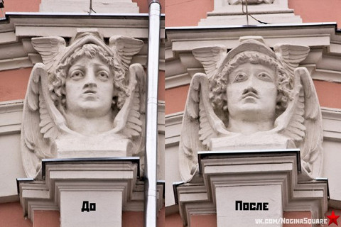 Слева — фотография одной из масок Меркурия в оригинале, справа — разрушившаяся и восстановленная в ходе реконструкции. Всего на здании четыре — изначально одинаковых — горельефа